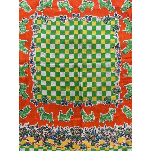 Vintage Green & Orange Checkerboard Dog Print Silk Scarf 22-Inch Square With Flo - Picture 2 of 5